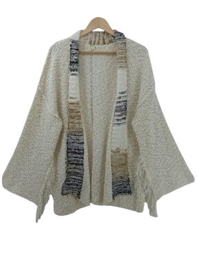 POL Chunky Knit Ivory Chenille Fringe Sleeve Open Front Cardigan Women's Large